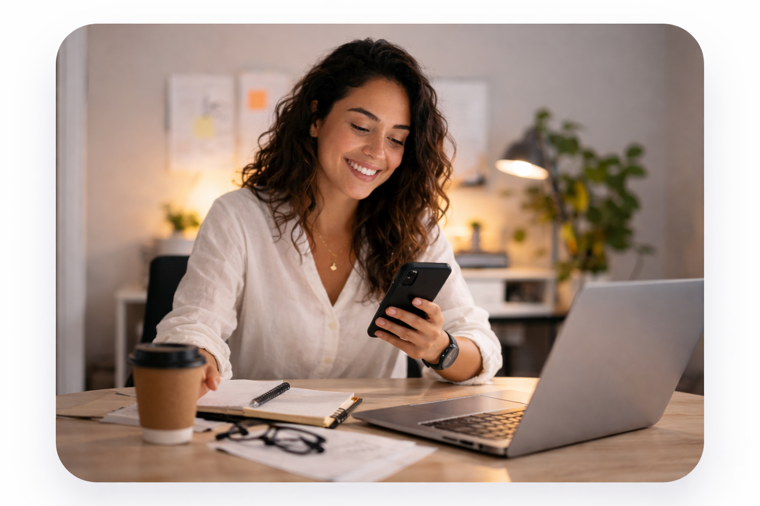 Mulher utilizando celular e notebook para iniciar prospecção comercial